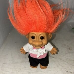 Russ Troll Doll Black with Pink Bowtie Tuxedo, Orange Hair Stickered No Jacket